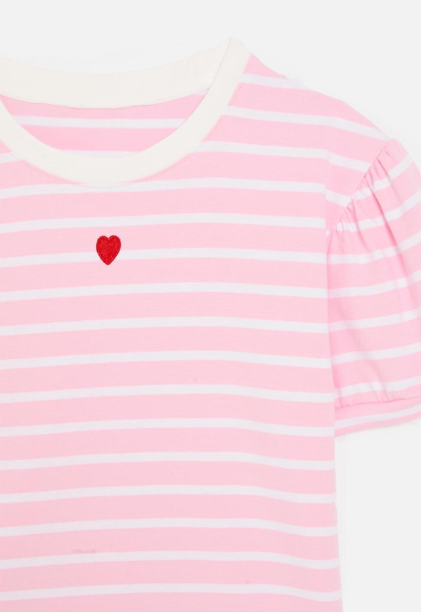 Pop Candy - Heart embroidered puff sleeve tee - pink stripes/white