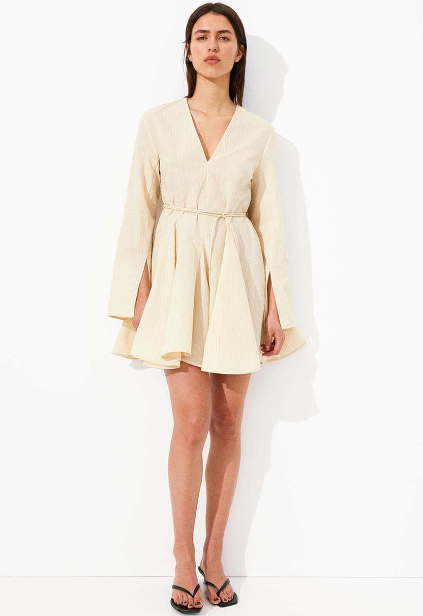 H&M - Flared-skirt dress - pale yellow/pinstriped