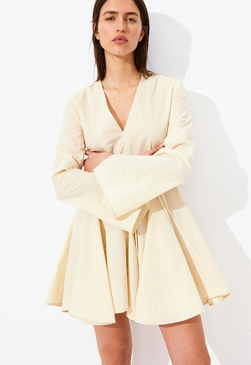 H&M - Flared-skirt dress - pale yellow/pinstriped