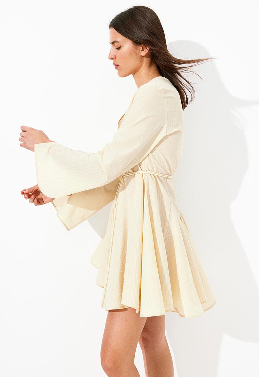 H&M - Flared-skirt dress - pale yellow/pinstriped
