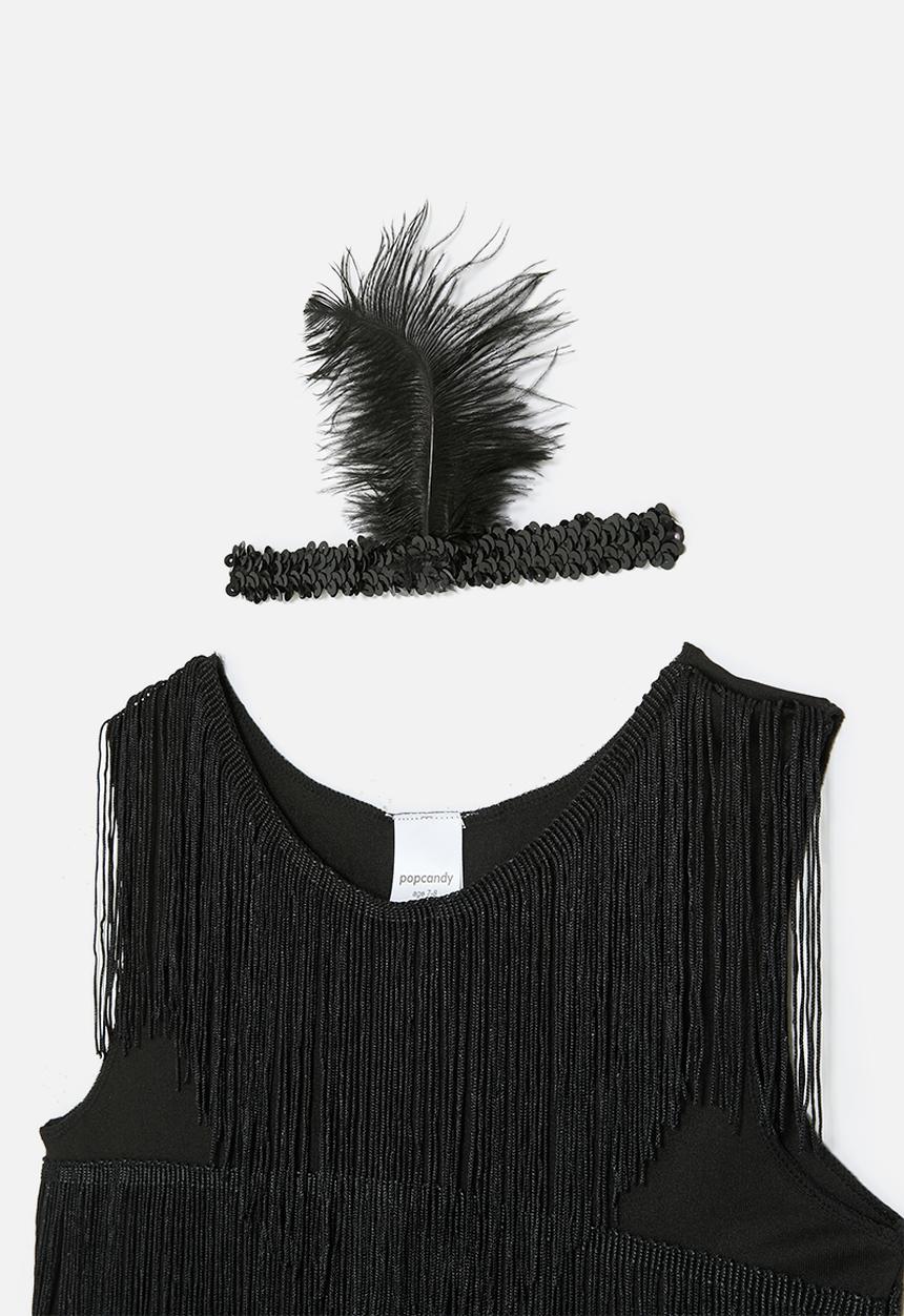 Pop Candy - 2 piece fringed shift dress with feather bandeau - black