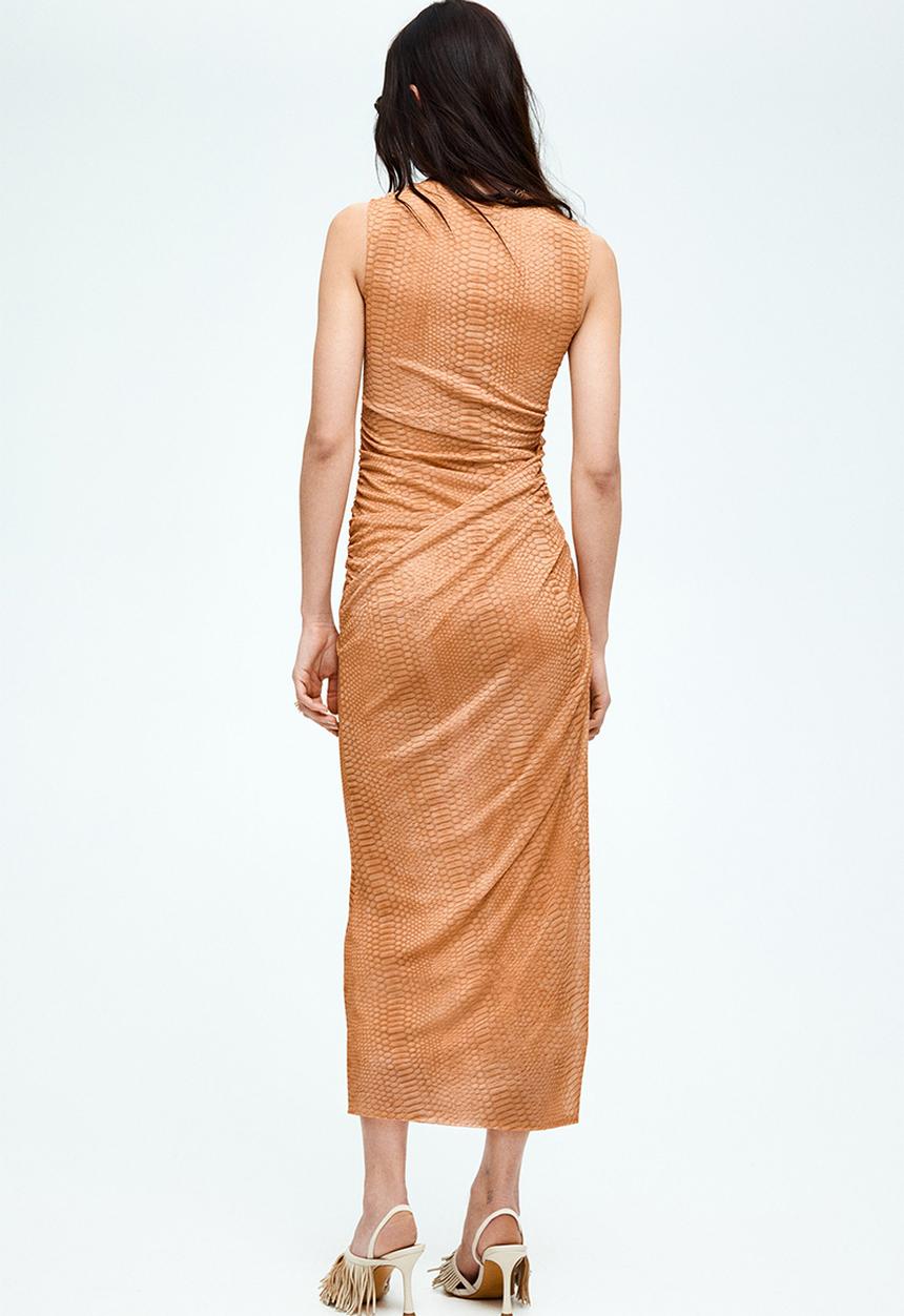 H&M - Draped mesh dress - beige/snakeskin-patterned