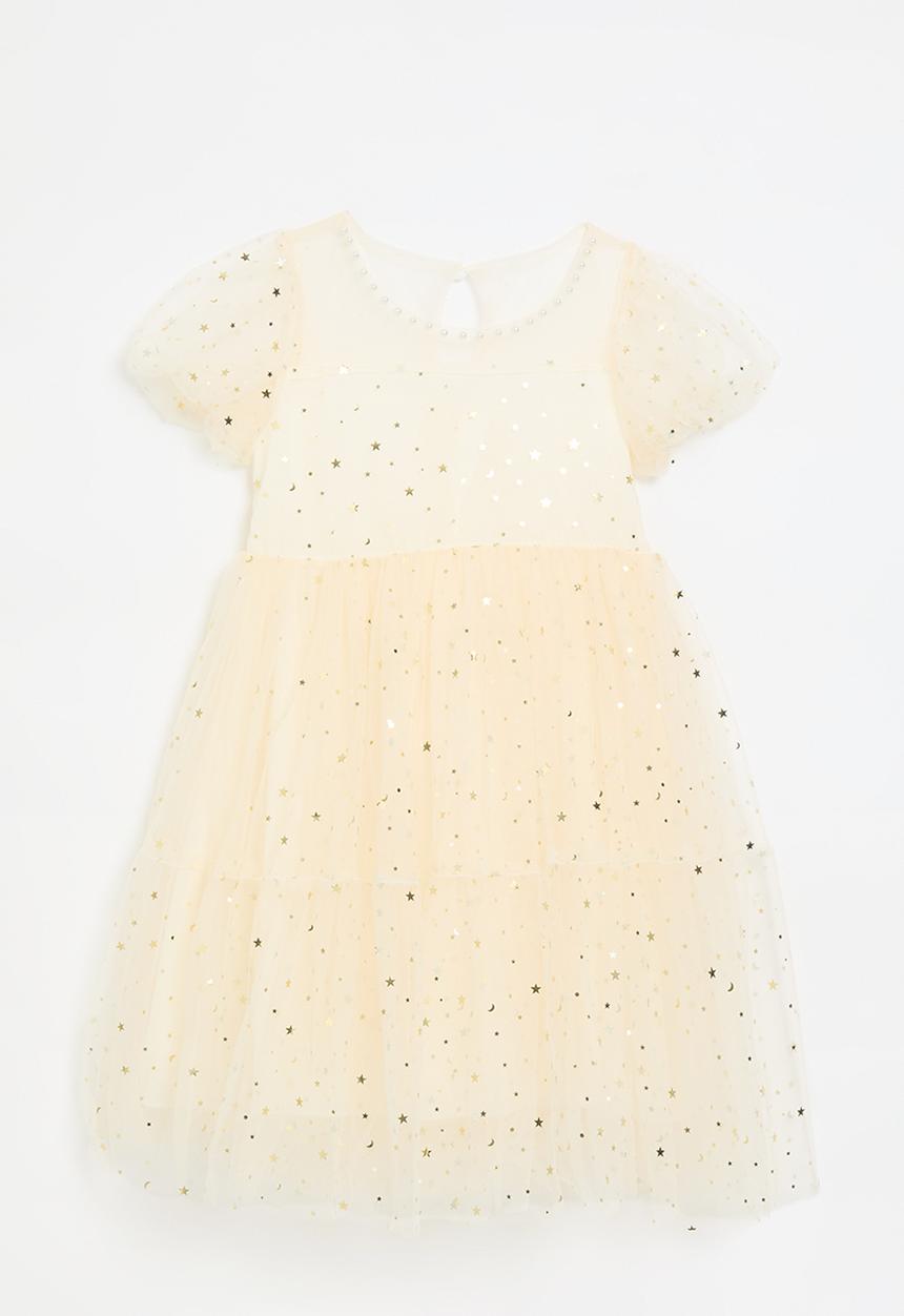 Pop Candy - Star mesh dress with pearl beaded neckline - ecru