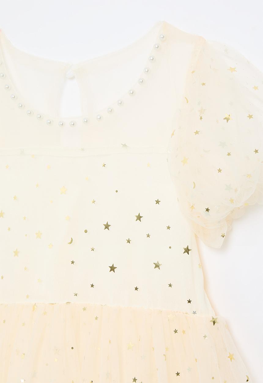 Pop Candy - Star mesh dress with pearl beaded neckline - ecru