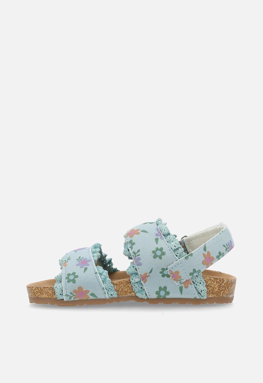 Pop Candy - Floral printed sandals with lace frill edges - blue