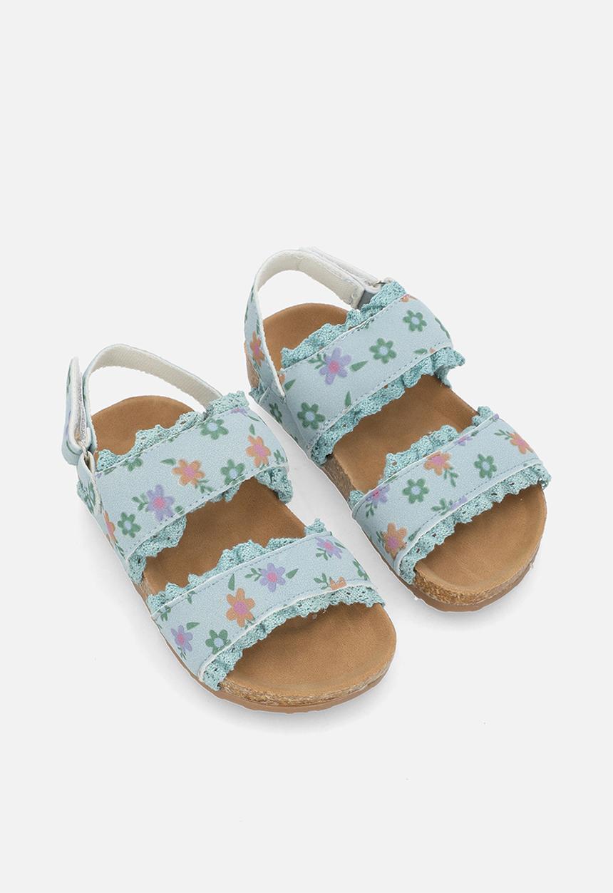 Pop Candy - Floral printed sandals with lace frill edges - blue