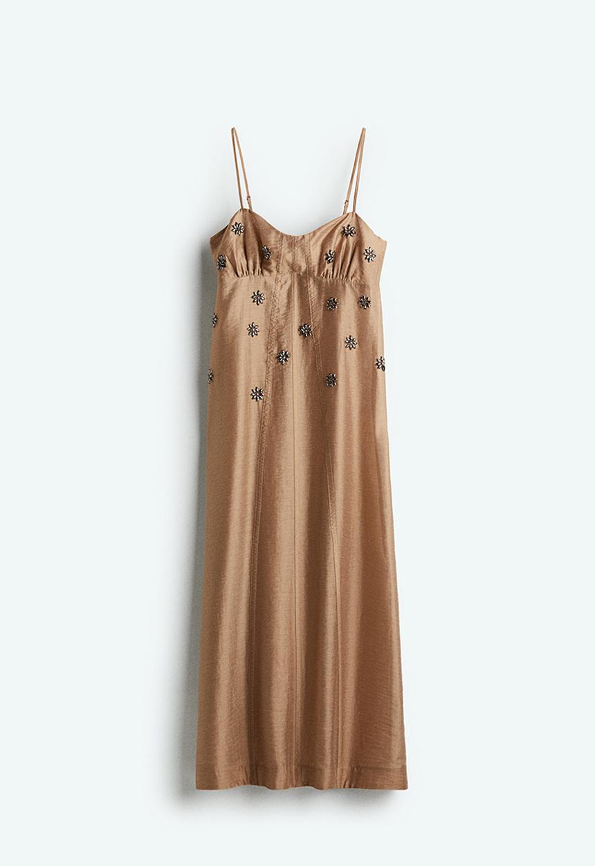 H&M - Sheer embellished strappy dress - dark beige