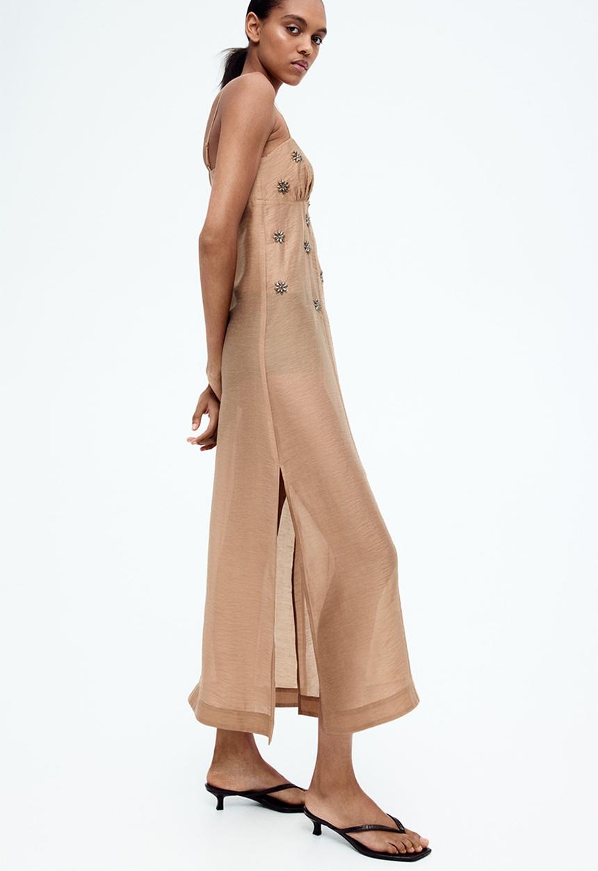 H&M - Sheer embellished strappy dress - dark beige