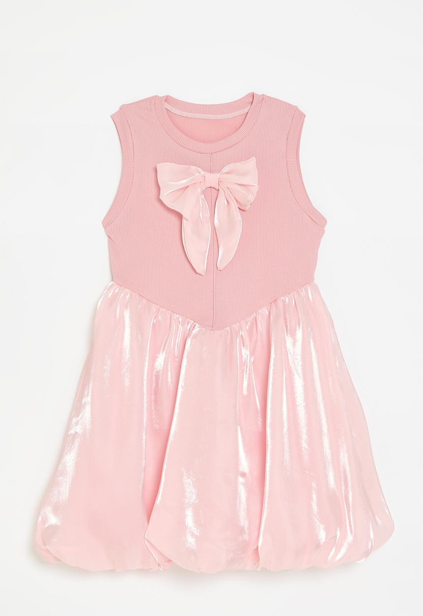 Pop Candy - Basque waistline bubble dress with bow feature - soft pink/shimmer