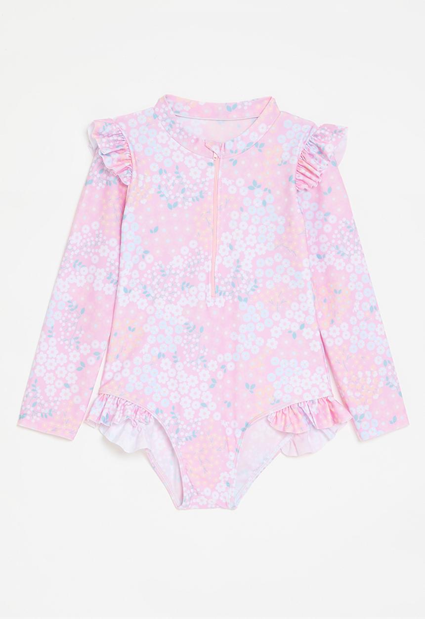 Pop Candy - Long sleeved swimsuit with shoulder & hip frills - pink/floral multi