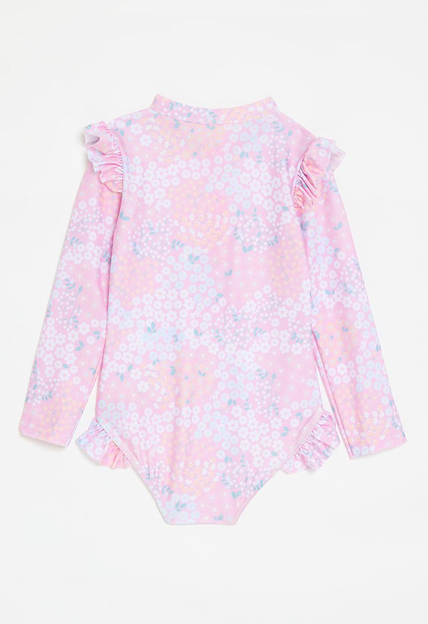 Pop Candy - Long sleeved swimsuit with shoulder & hip frills - pink/floral multi