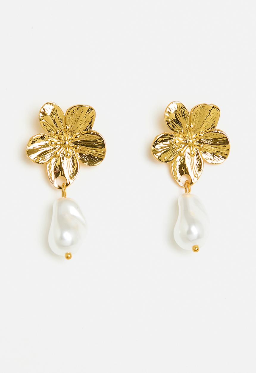 Tessa Design - Magnolia flower drop earring with irregular shaped pearl - gold