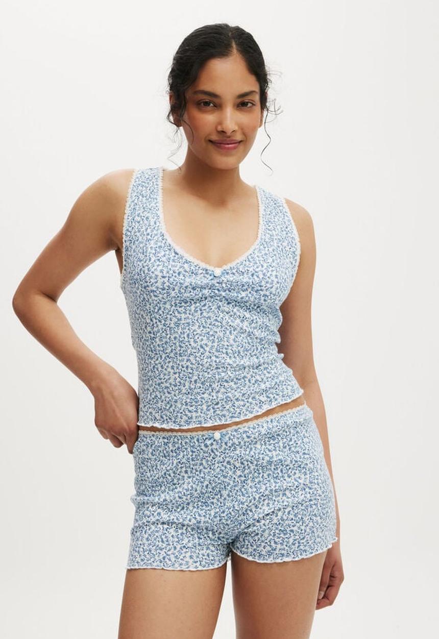 Cotton On - Waffle Pointelle Ruched Cami  - damari ditsy blue 