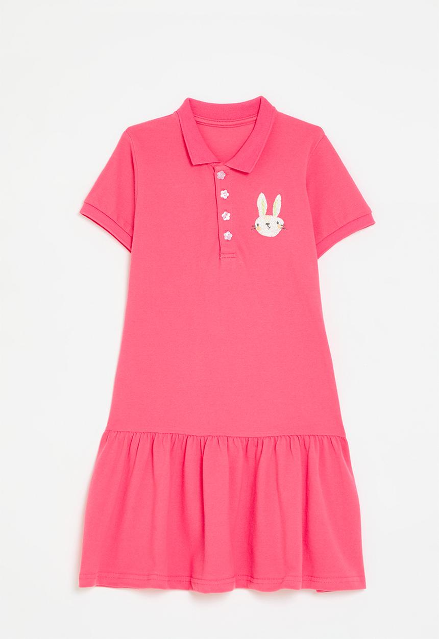 Pop Candy - Bunny embroidered golfer dress with ruffled hem - dark pink