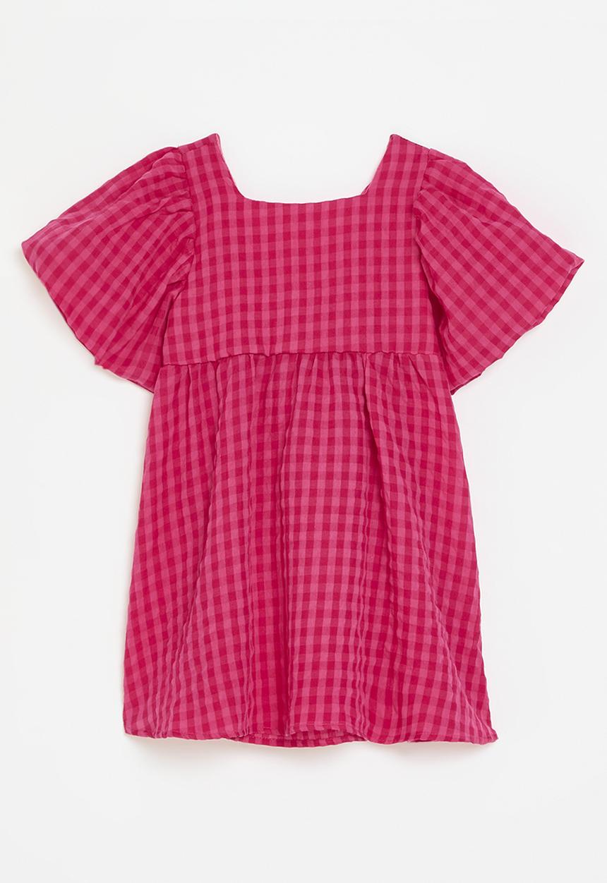 Pop Candy - Batwing sleeve dress with back ties - dark pink gingham