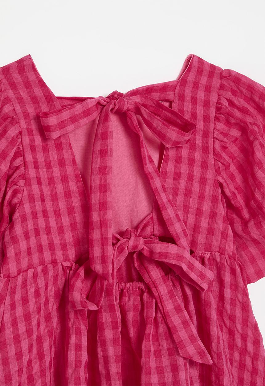 Pop Candy - Batwing sleeve dress with back ties - dark pink gingham