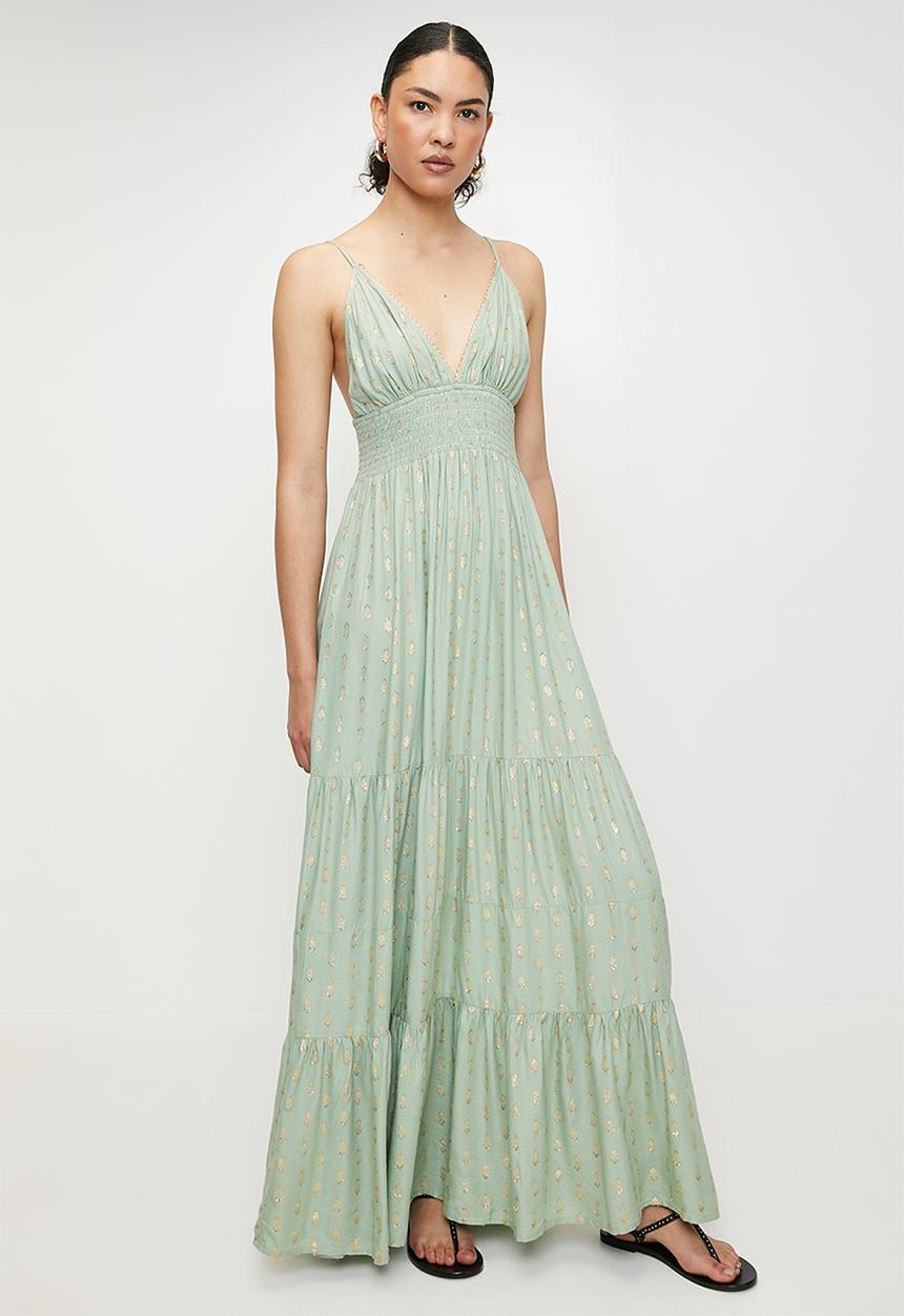 Strappy Triangle cup Sheer Maxi Dress with gold detail in fabric - Green