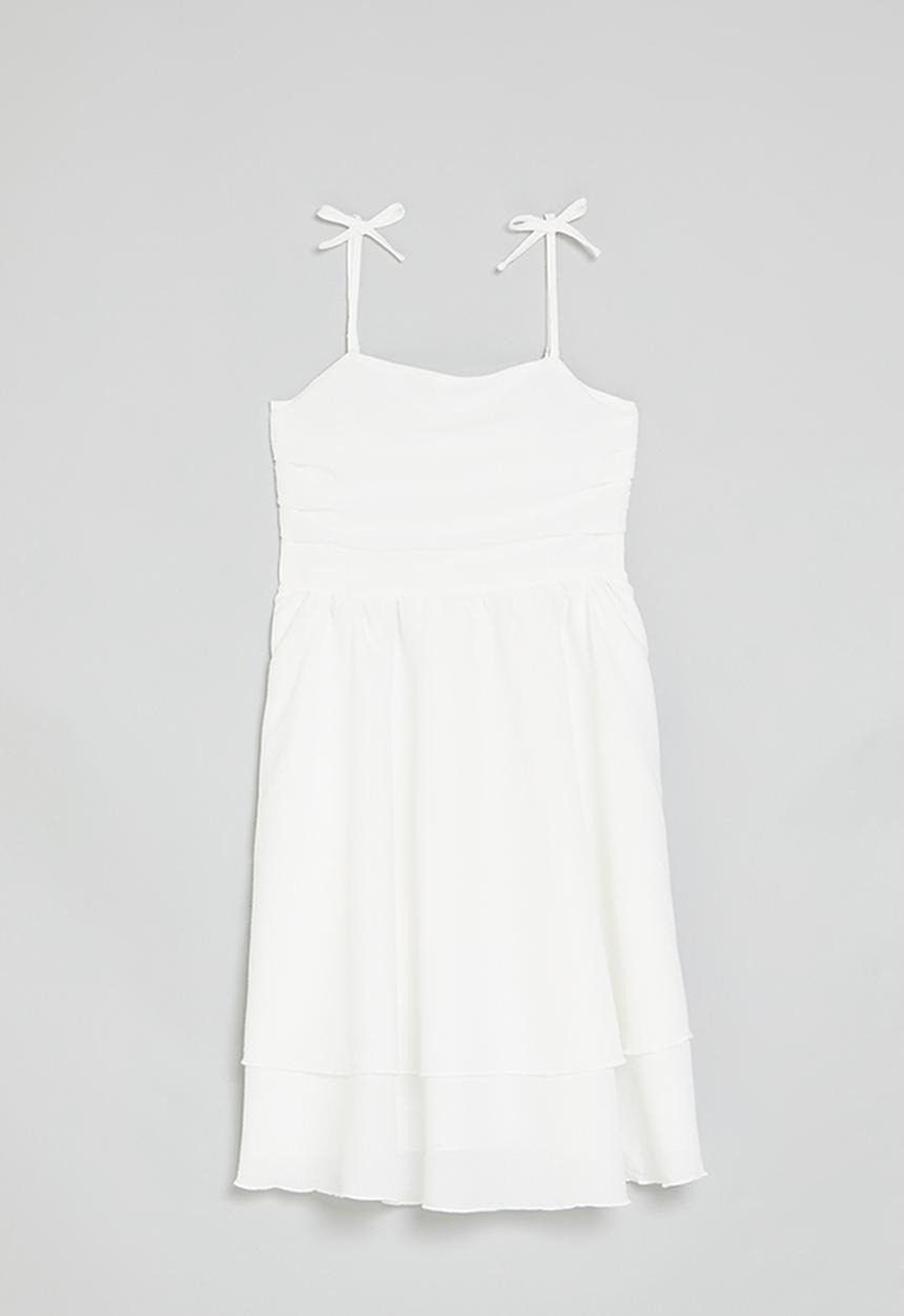 Pop Candy - Shoulder tie strap dress with layered skirt - white