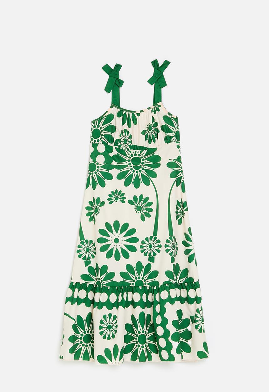 Pop Candy - Floral printed dress with gathered frill hem - ecru/green