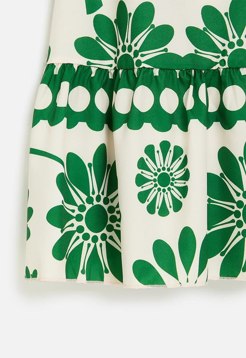 Pop Candy - Floral printed dress with gathered frill hem - ecru/green