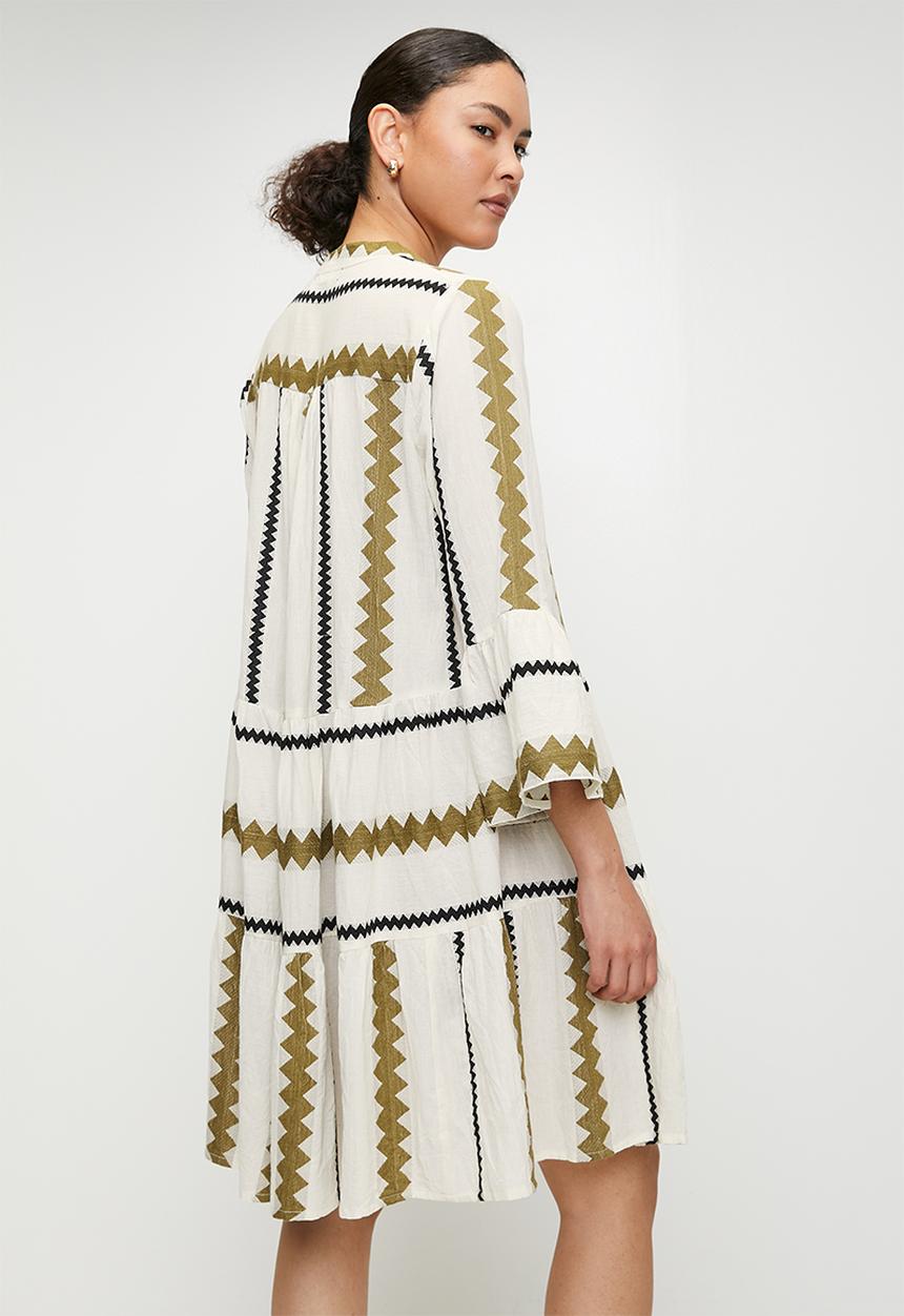 Izabel London - Key Hole 2 Tier Midi Dress with zig zag detail in the fabric - Beige