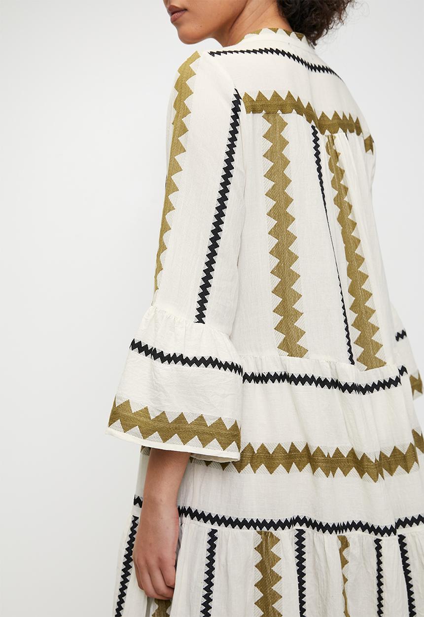 Izabel London - Key Hole 2 Tier Midi Dress with zig zag detail in the fabric - Beige