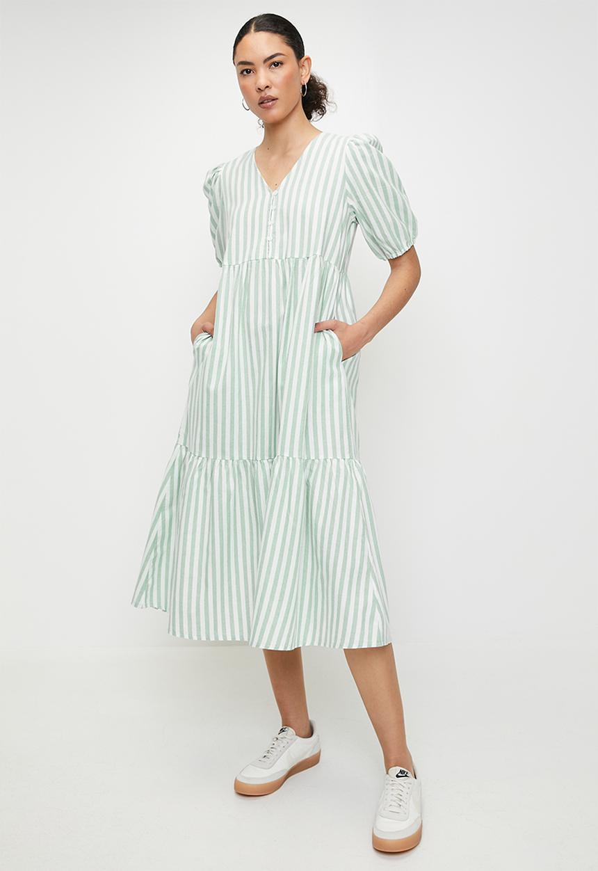 Izabel London - V-neck stripe Maxi Dress with Tiers - White & Green Stripe