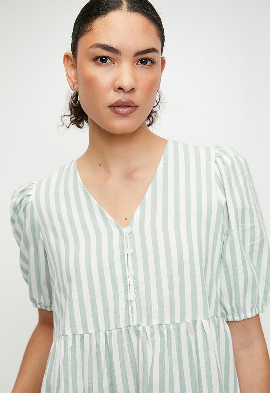 Izabel London - V-neck stripe Maxi Dress with Tiers - White & Green Stripe