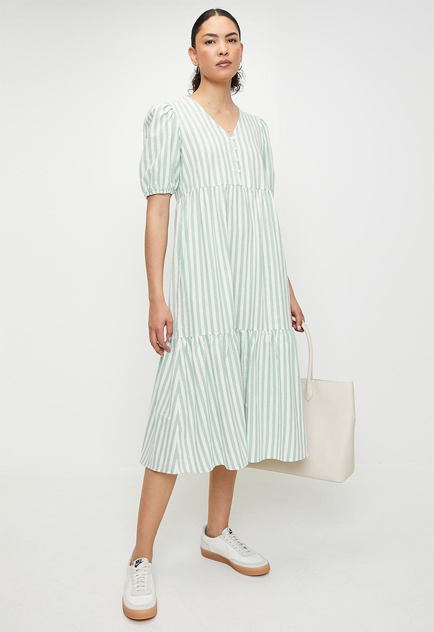 Izabel London - V-neck stripe Maxi Dress with Tiers - White & Green Stripe