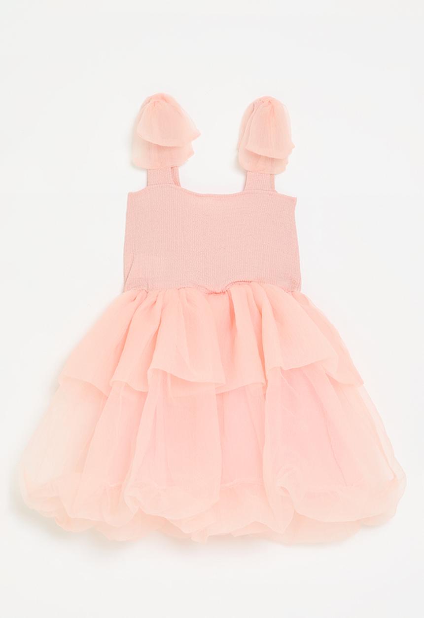 Pop Candy - Tiered bubble dress with smocked cotton top & tulle skirt - pink peach