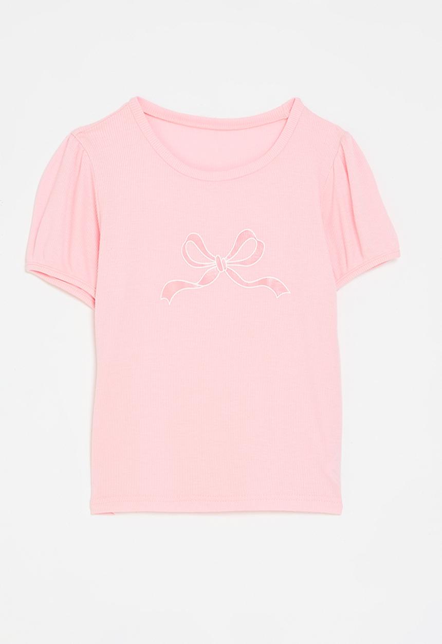 Pop Candy - Puff sleeve bow graphic tee - pink