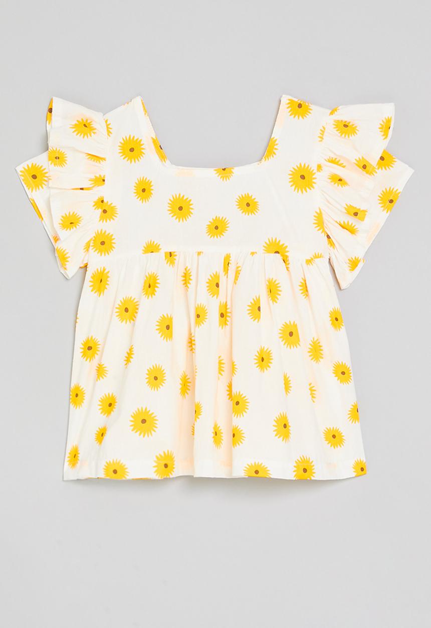 Pop Candy - Sunflower print top with ruffled sleeves - white