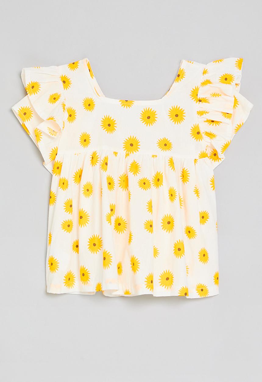 Pop Candy - Sunflower print top with ruffled sleeves - white