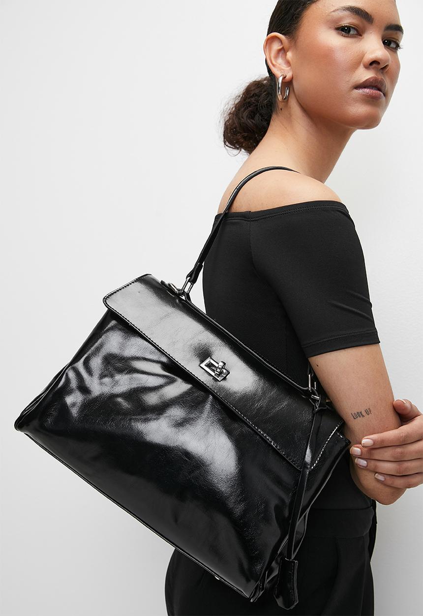 Tessa Design - Top handle  shoulder bag with silver clasp-black