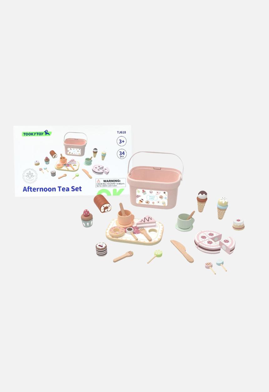 Greenbean Learning - TookyToy Wooden Tea Party Set Portable Storage Box 34 Pieces - multi