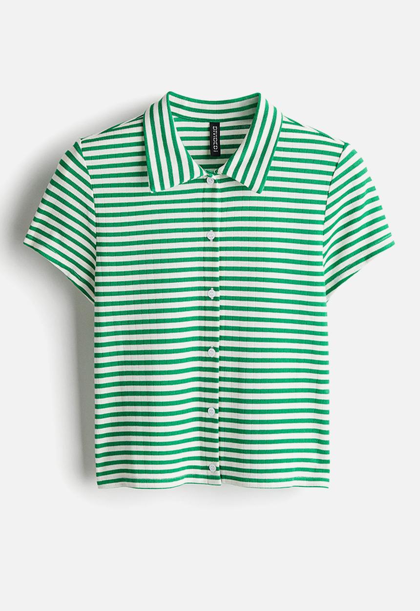 H&M - Ribbed short-sleeved shirt - green striped