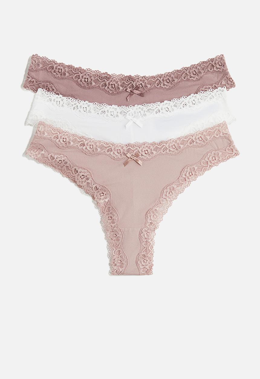 H&M - 3-Pack microfibre and lace brazilian briefs - dusty pink/white