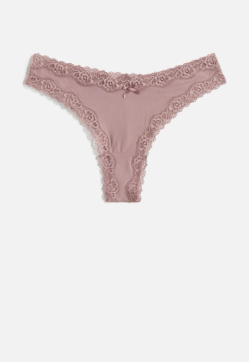 H&M - 3-Pack microfibre and lace brazilian briefs - dusty pink/white