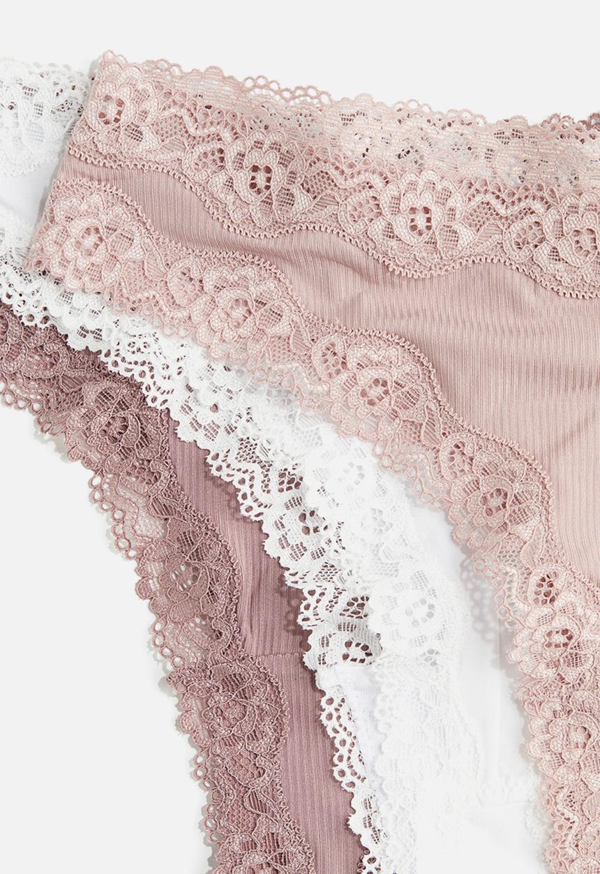 H&M - 3-Pack microfibre and lace brazilian briefs - dusty pink/white