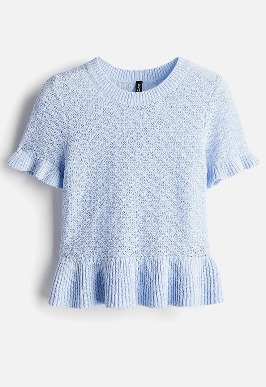 H&M - Frill-trimmed pointelle-knit top - light blue
