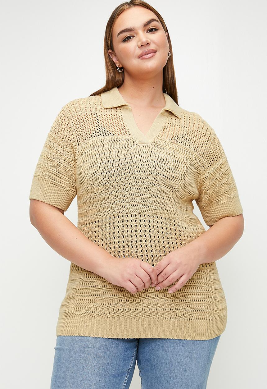 POLO - Plus wmn chelsea short sleeve knitted golfer - stone