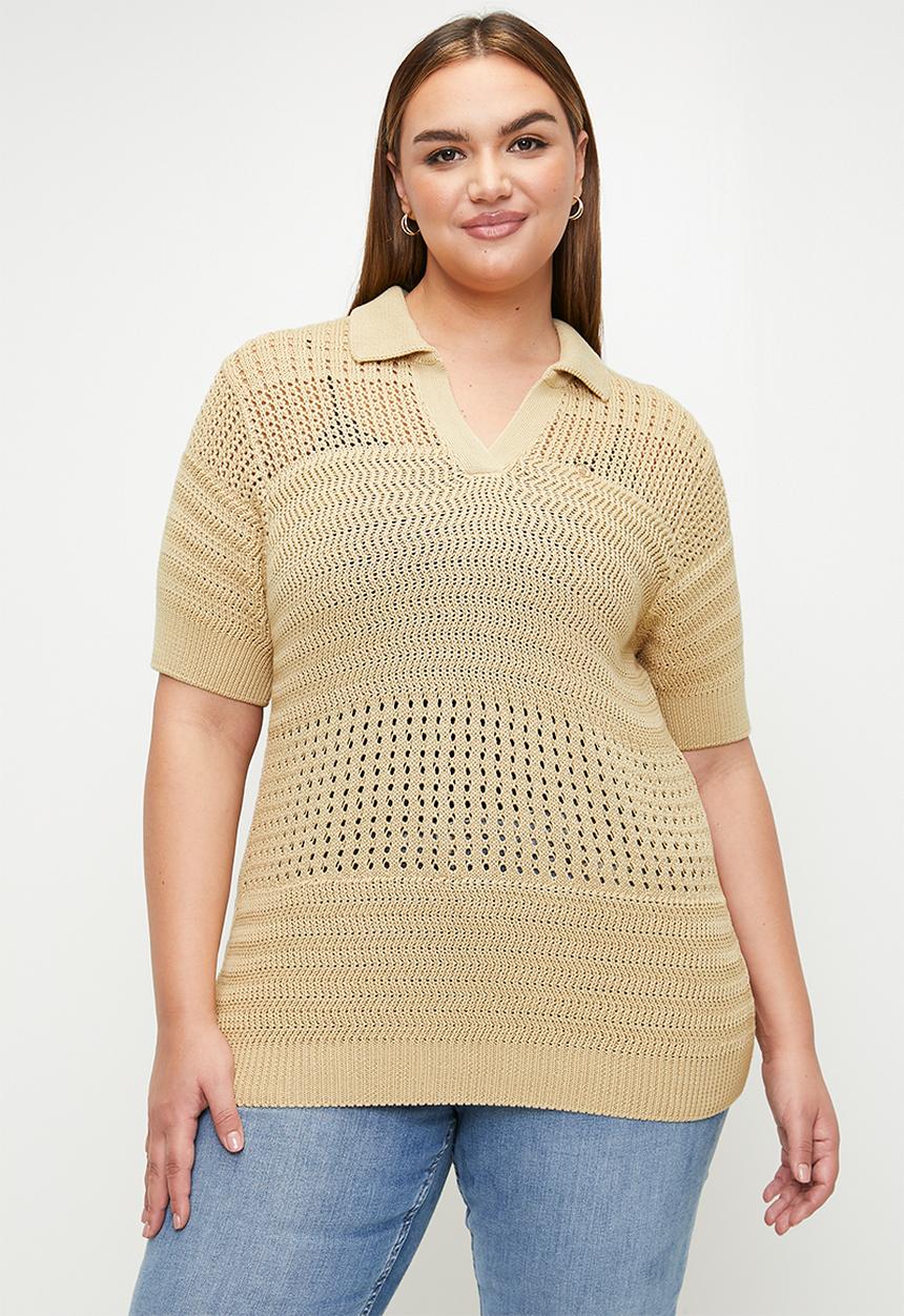 POLO - Plus wmn chelsea short sleeve knitted golfer - stone