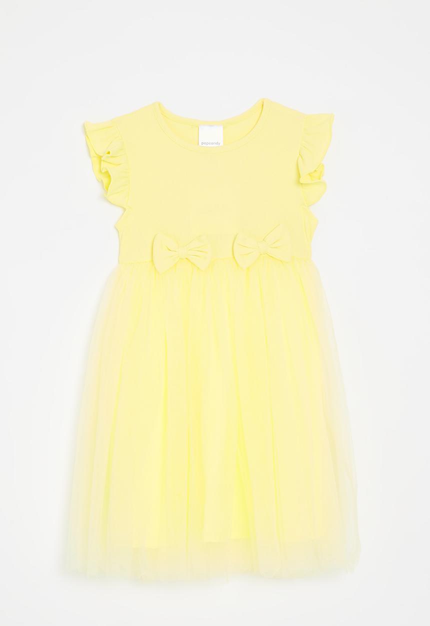 Pop Candy - Rib knit & tulle combo dress with bows - lemon yellow
