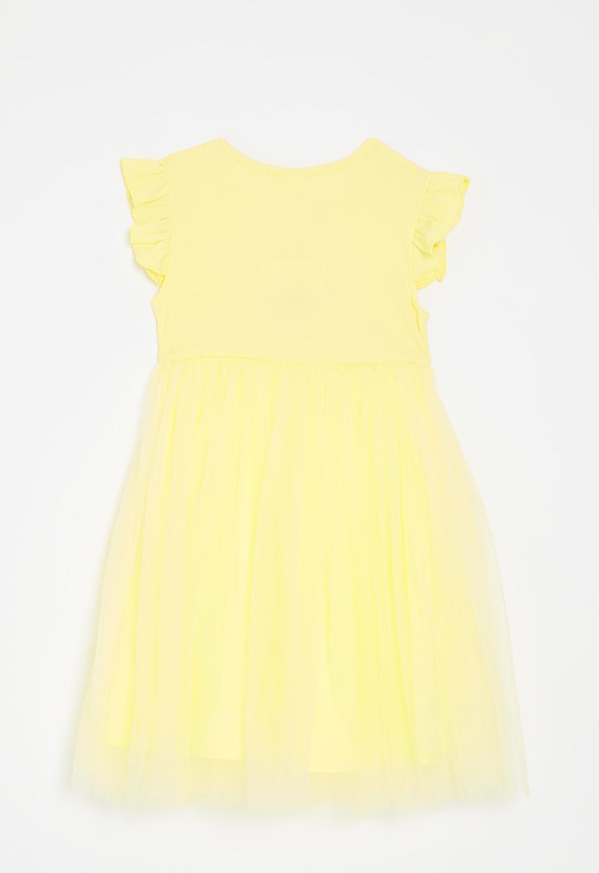 Pop Candy - Rib knit & tulle combo dress with bows - lemon yellow