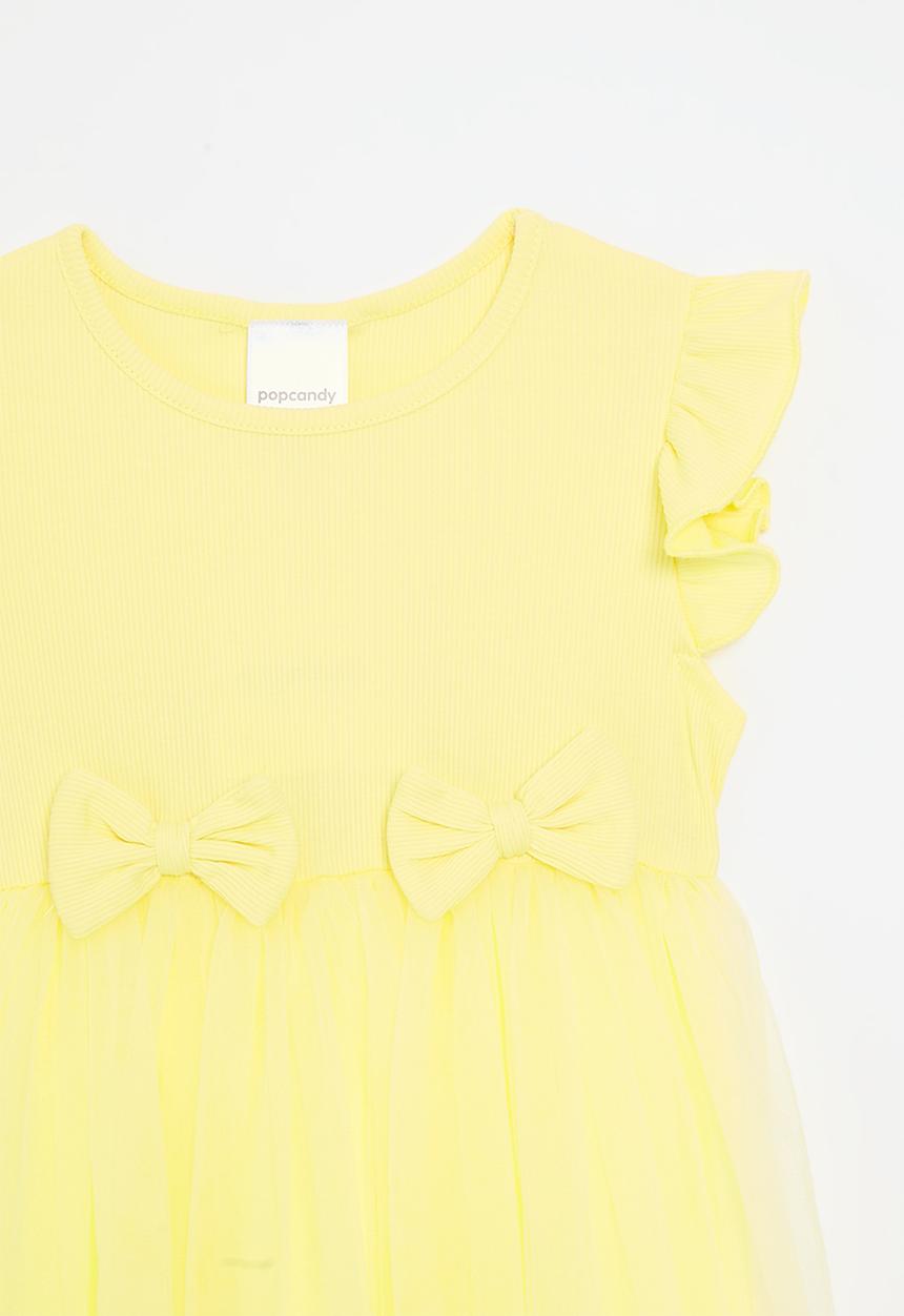 Pop Candy - Rib knit & tulle combo dress with bows - lemon yellow