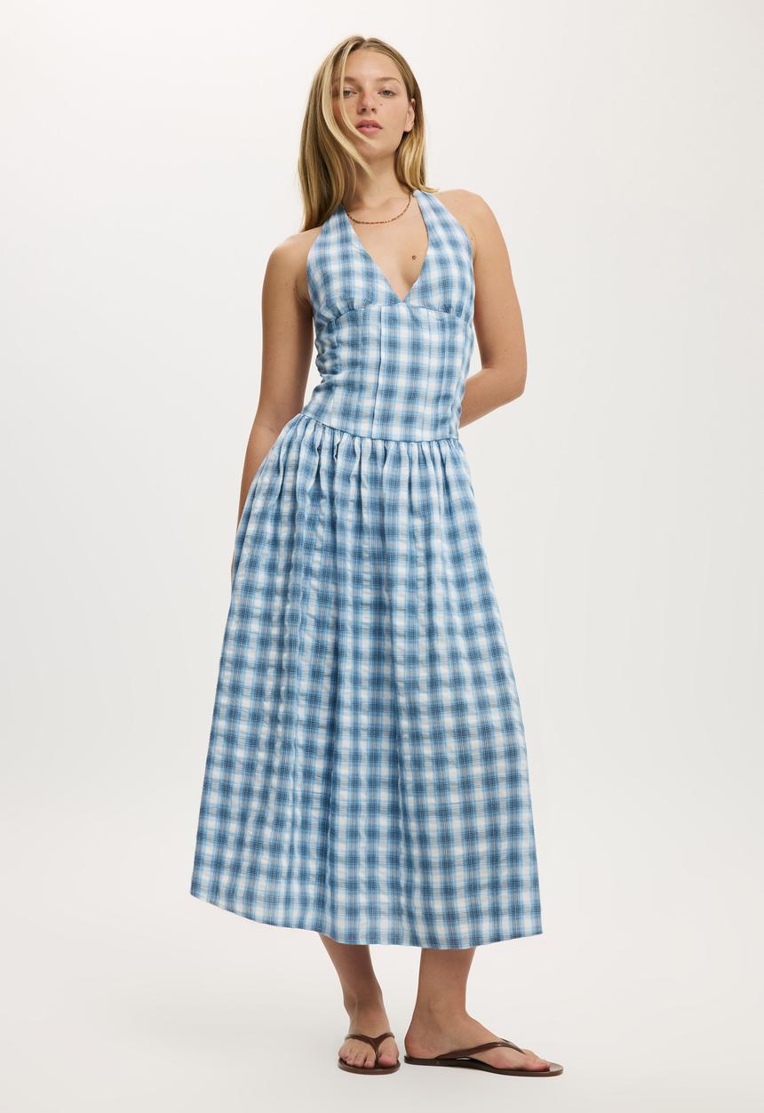 Cotton On - Kaity Halter Midi Dress - Bailey Check Duck Egg Blue
