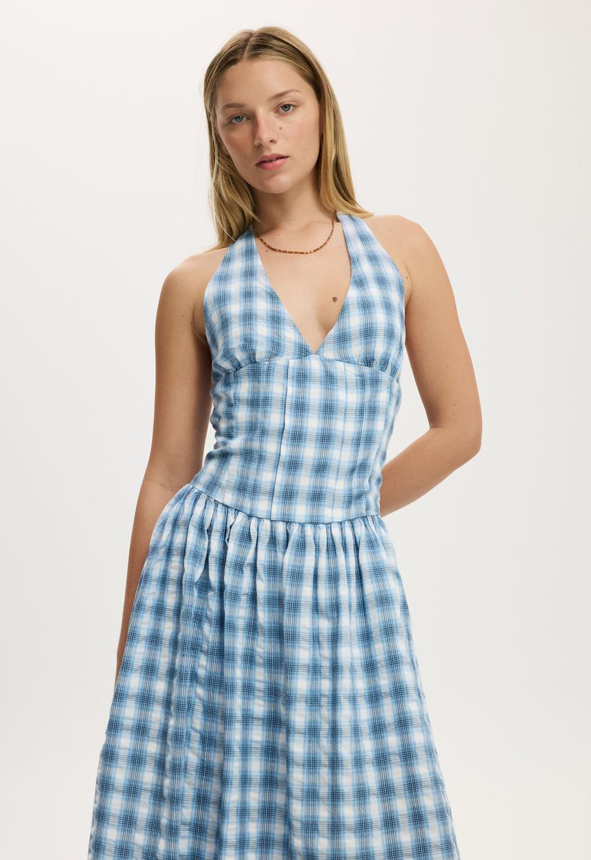 Cotton On - Kaity Halter Midi Dress - Bailey Check Duck Egg Blue