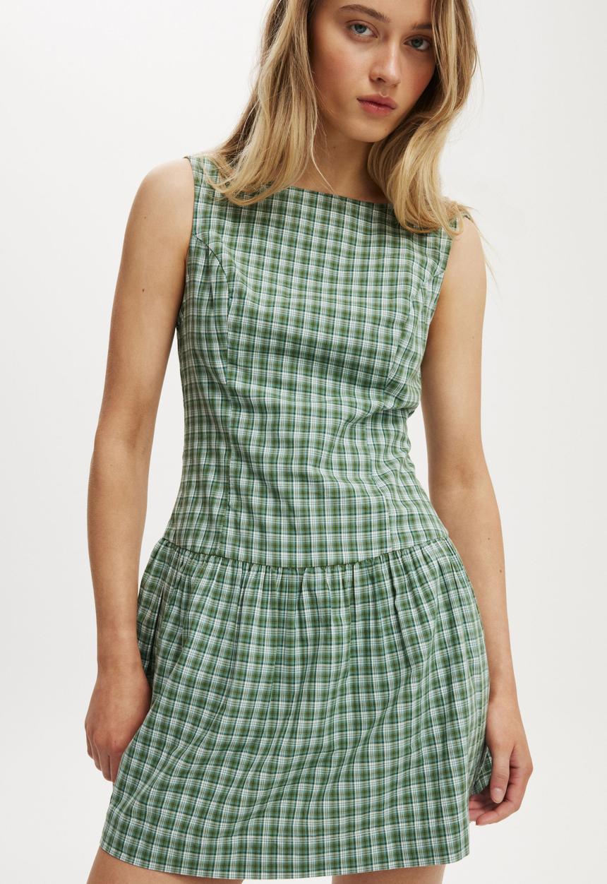 Cotton On - Mikki drop hem mini dress - greta check frosted green