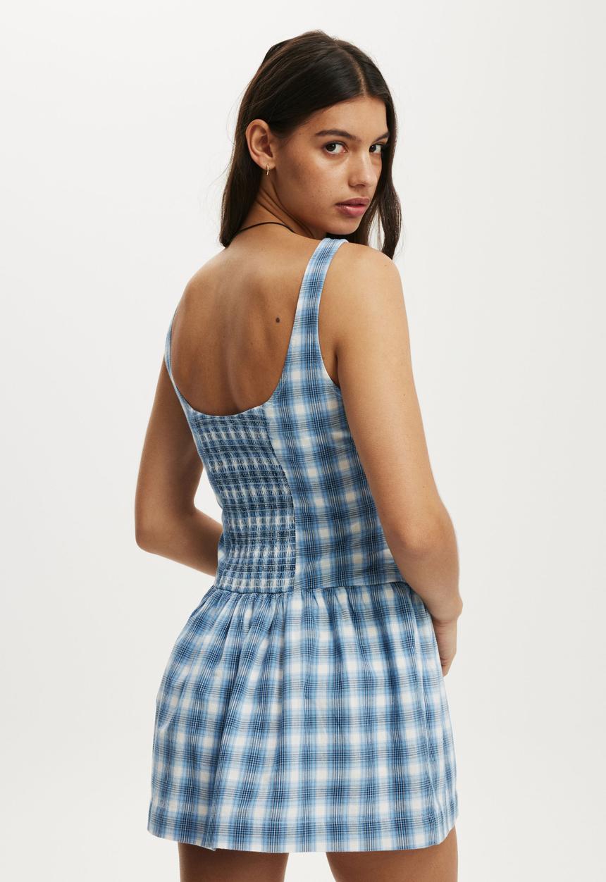 Cotton On - Mikki drop hem mini dress - Bailey Check Duck Egg Blue