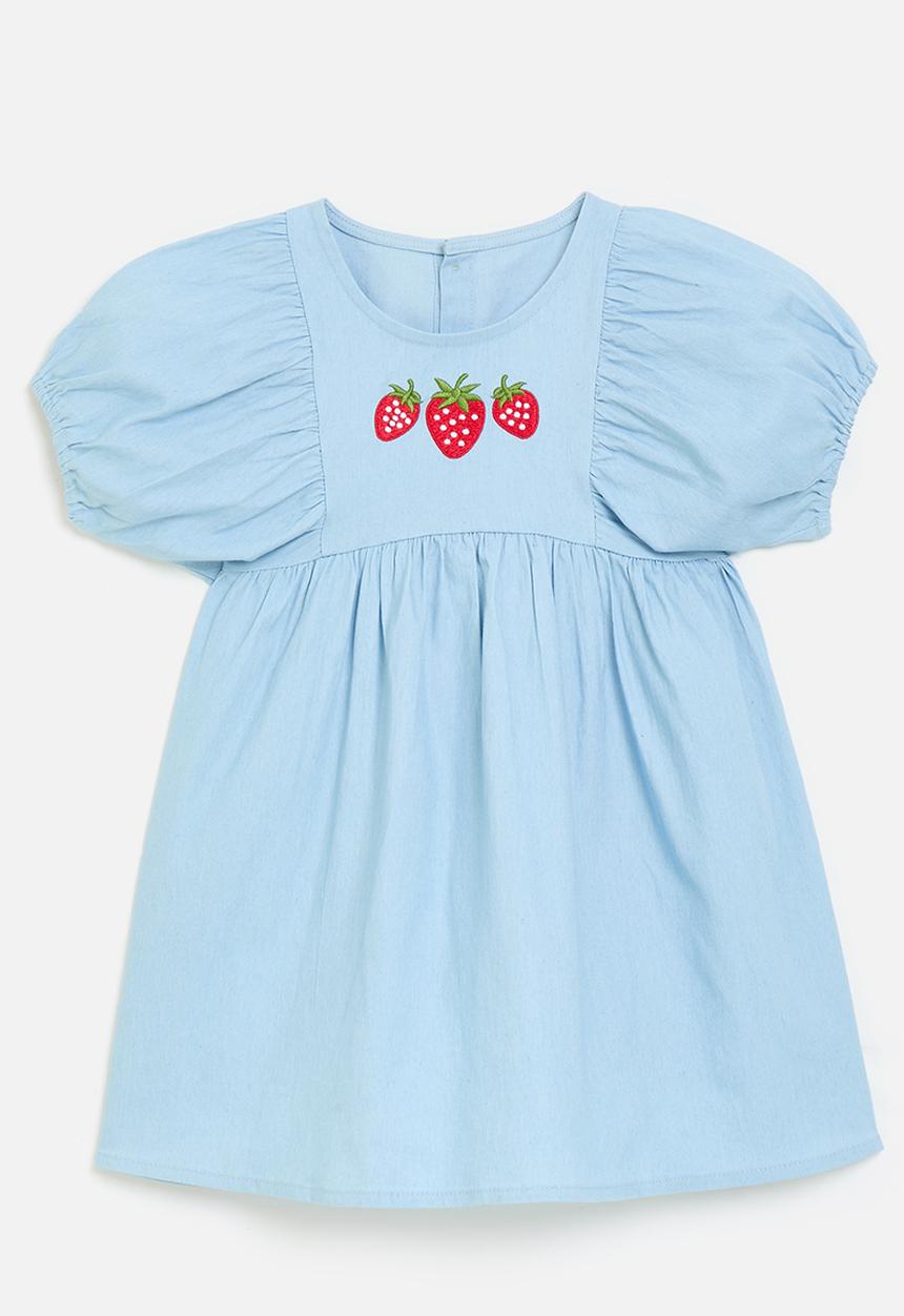 Pop Candy - Grown-on puff sleeve dress with embroidered strawberries - light blue